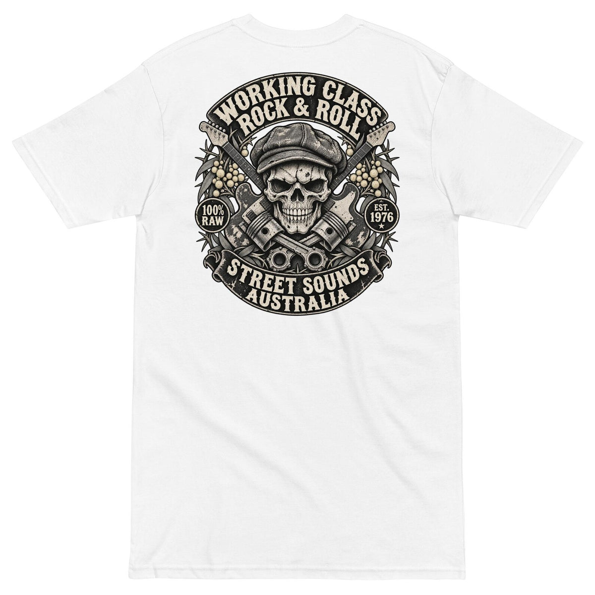 White Working Class Rock and Roll T-shirt back with skull, guitars and pistons artwork