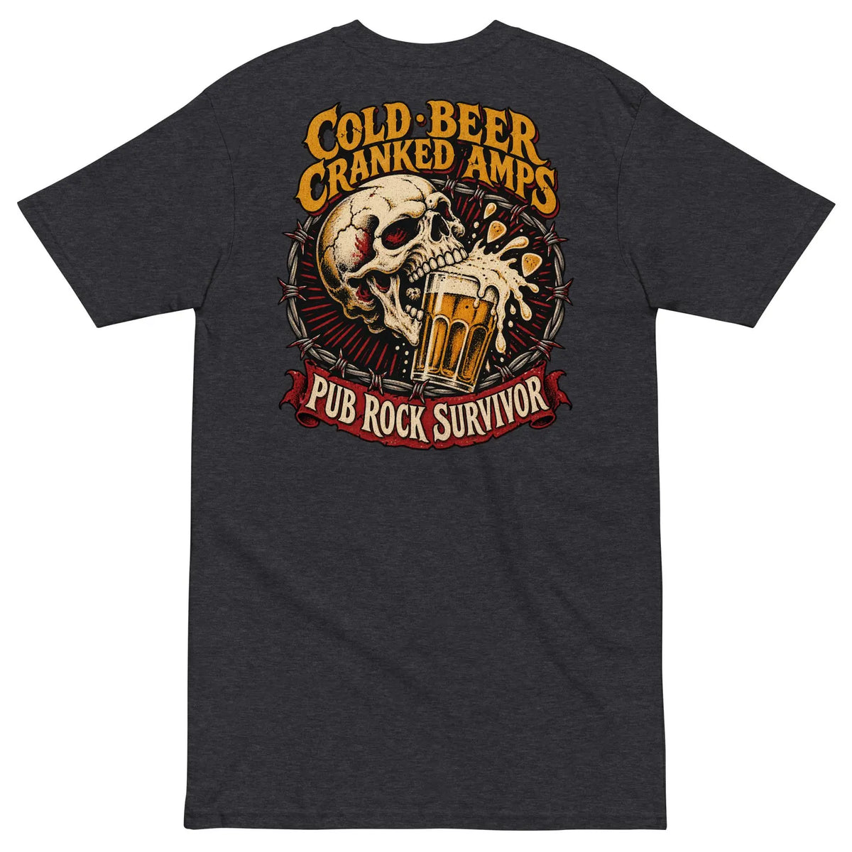 Charcoal Heather Pub Rock Survivor T-shirt back with skull and beer graphic