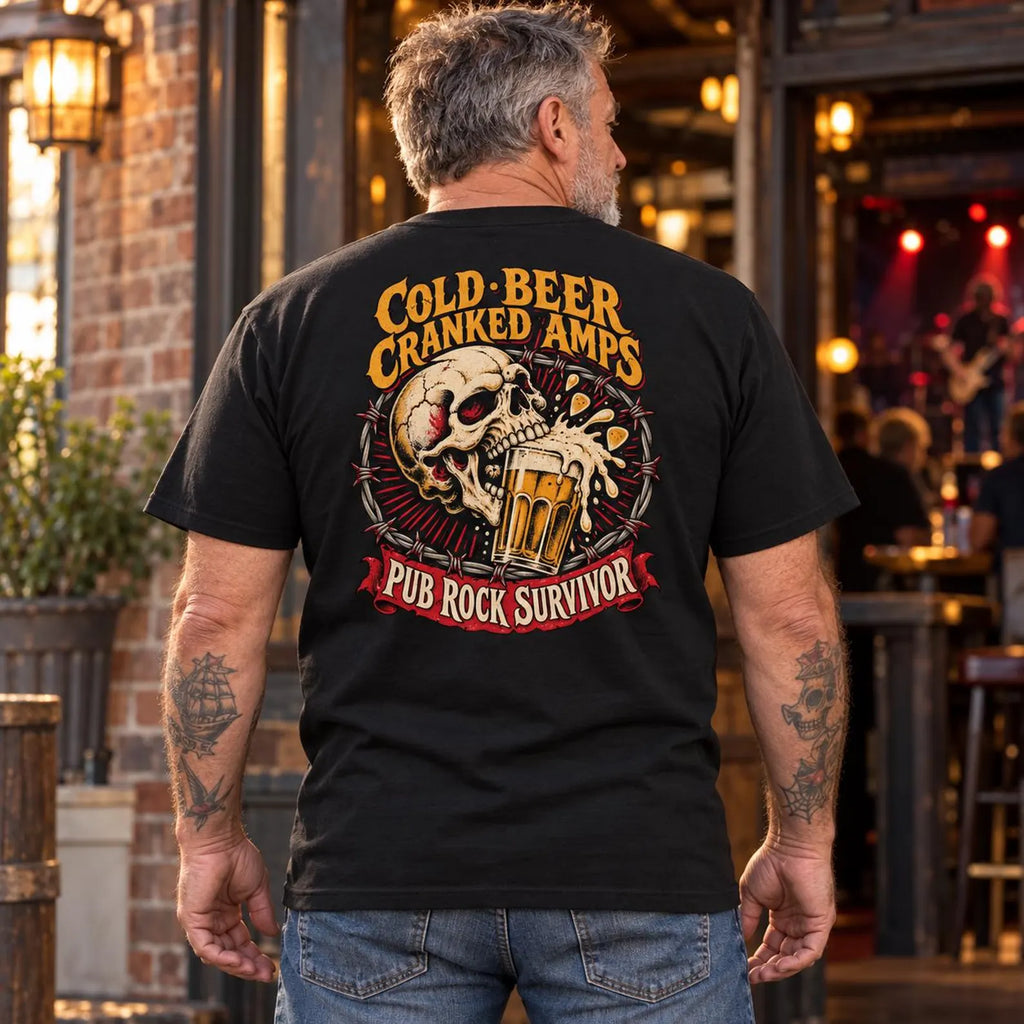 Man wearing the black Pub Rock Survivor T-shirt outside a pub, showing the skull and beer back print