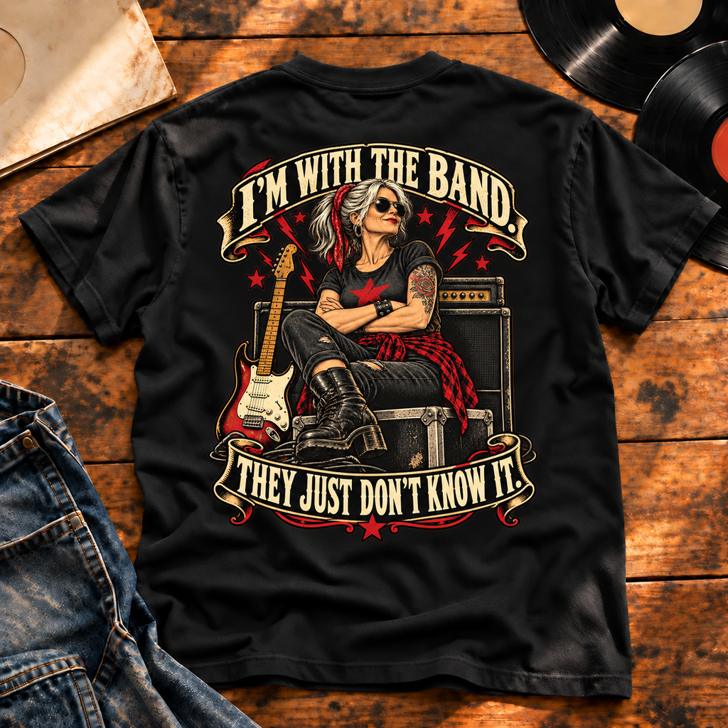 I’m With the Band Heavyweight Tee — Black back print flat-lay hero