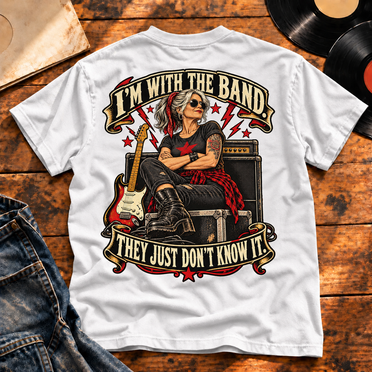 I’m With the Band Heavyweight Tee — White back print flat-lay hero
