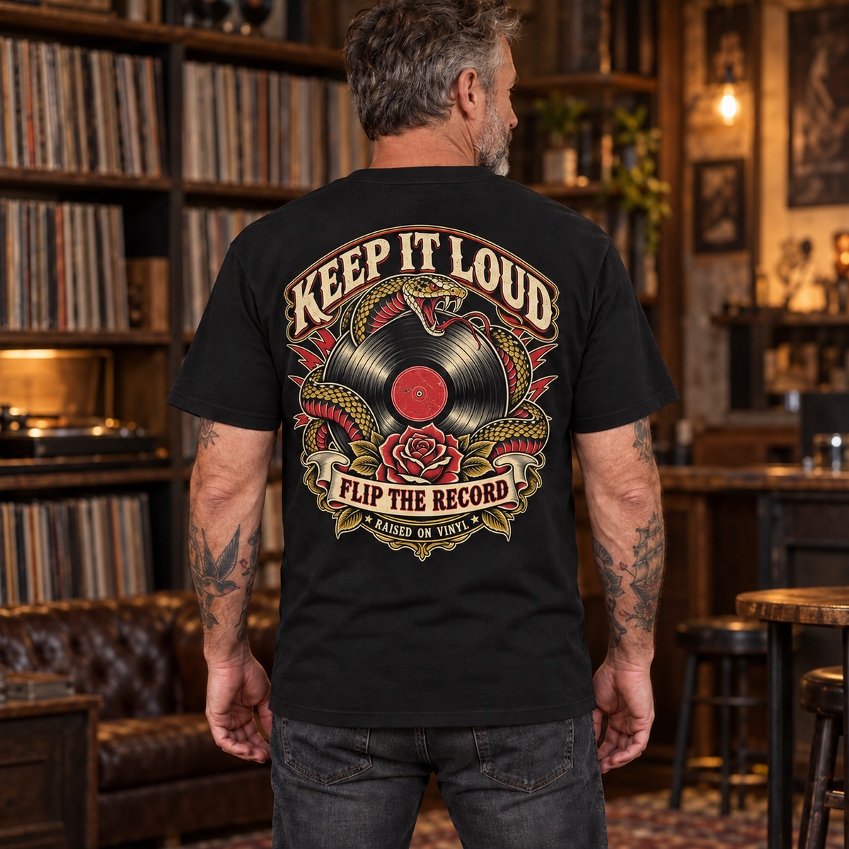 Keep It Loud Heavyweight Tee — mature model wearing the black back-print tee