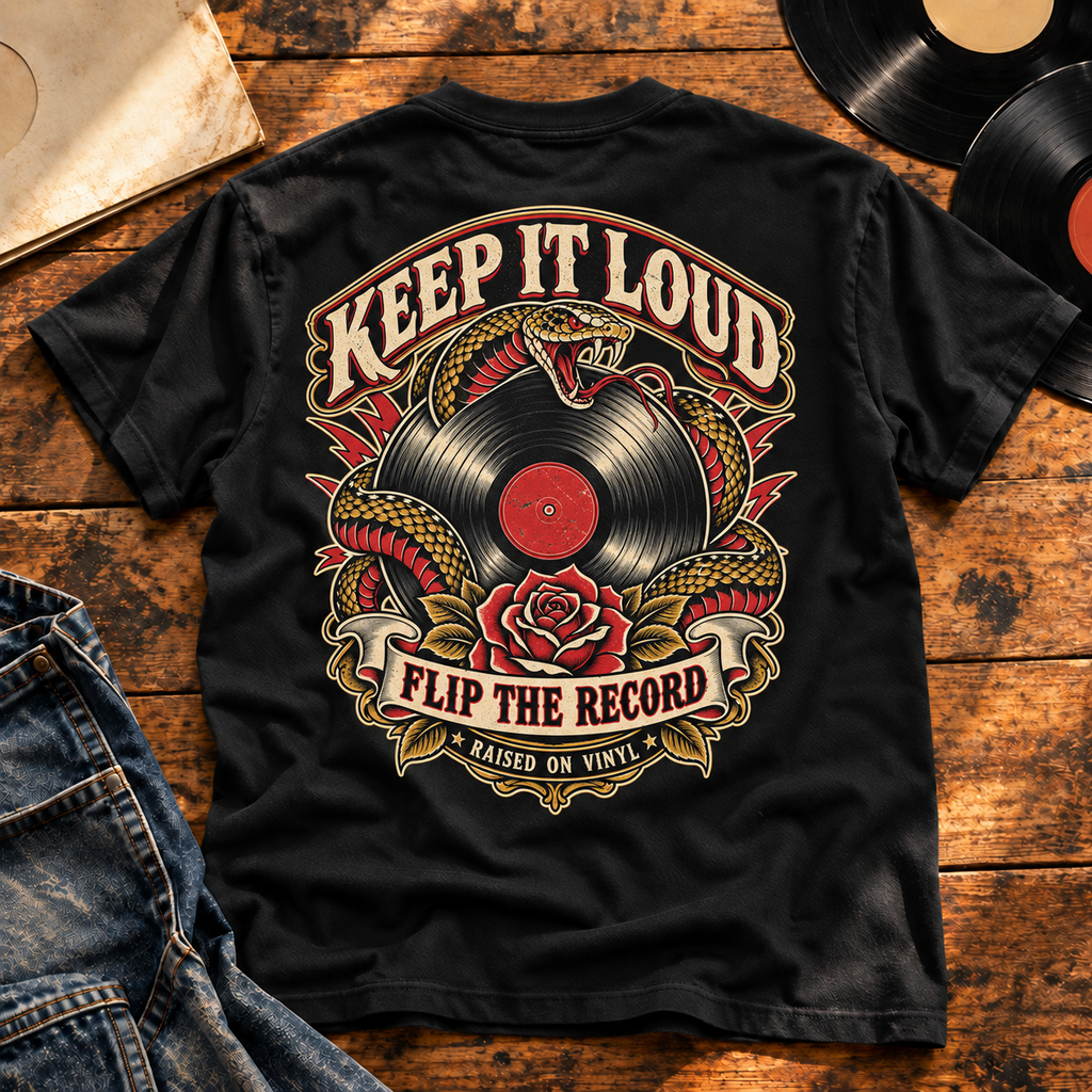 Keep It Loud Heavyweight Tee — black back-print tee in vintage vinyl setting