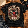 Keep It Loud Heavyweight Tee — black back-print tee in vintage vinyl setting