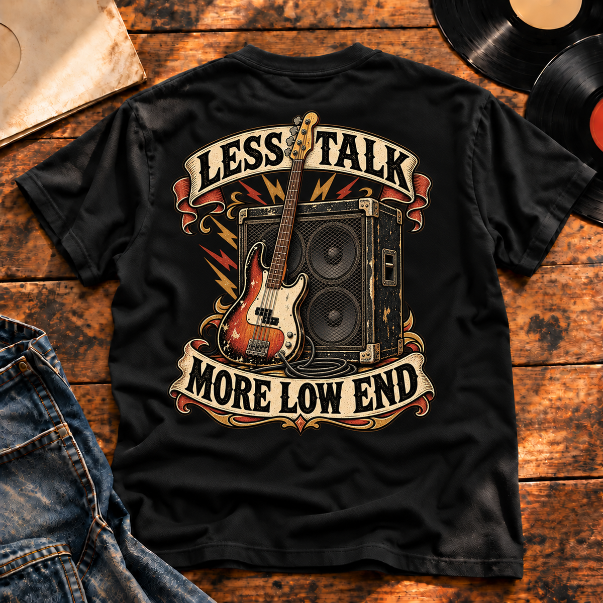 Less Talk More Low End Heavyweight Tee black back print hero