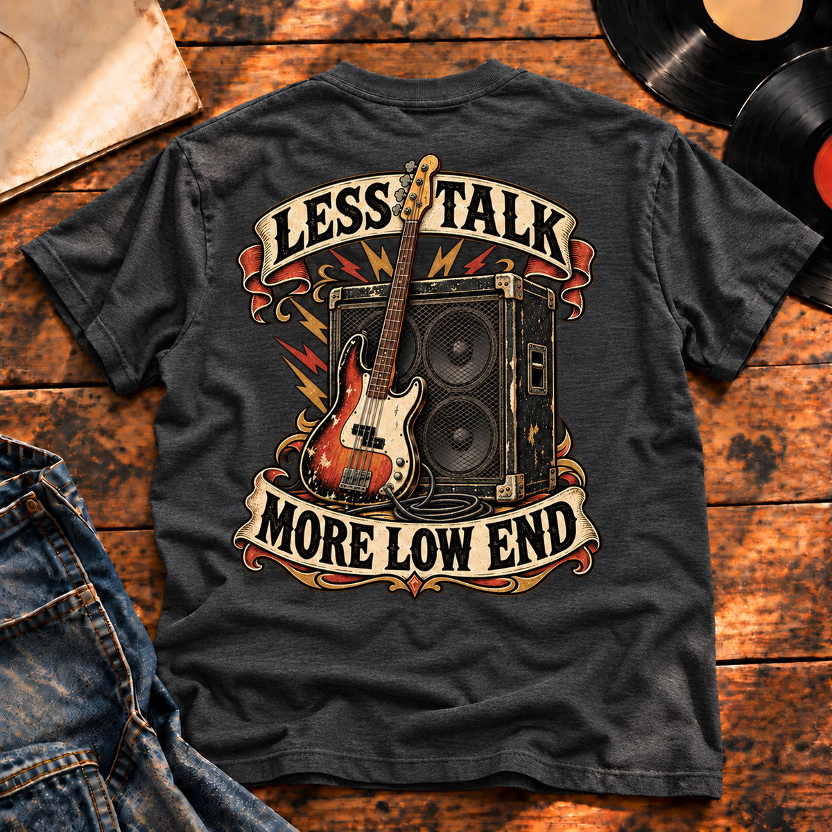 Less Talk More Low End Heavyweight Tee charcoal back print hero