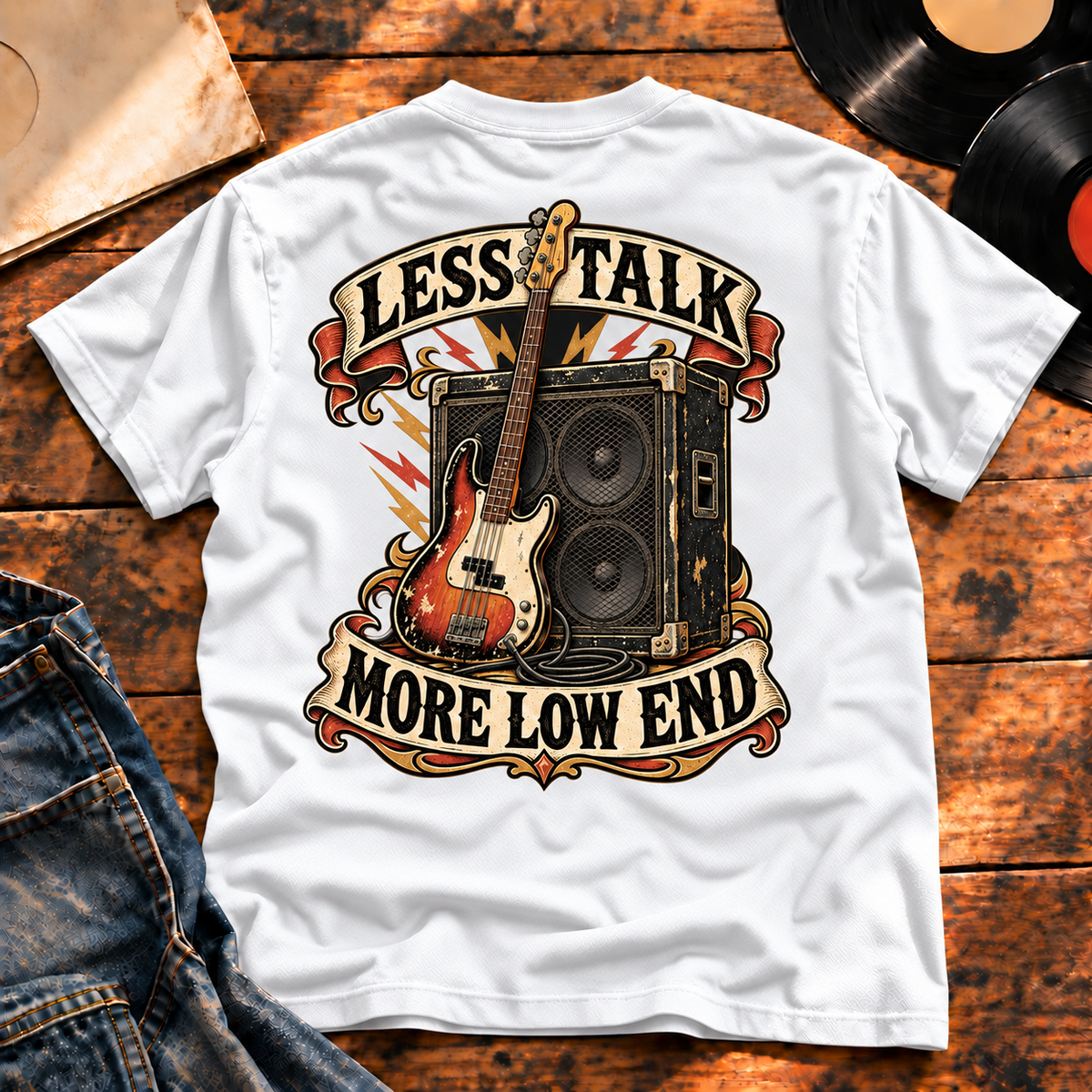 Less Talk More Low End Heavyweight Tee white back print hero