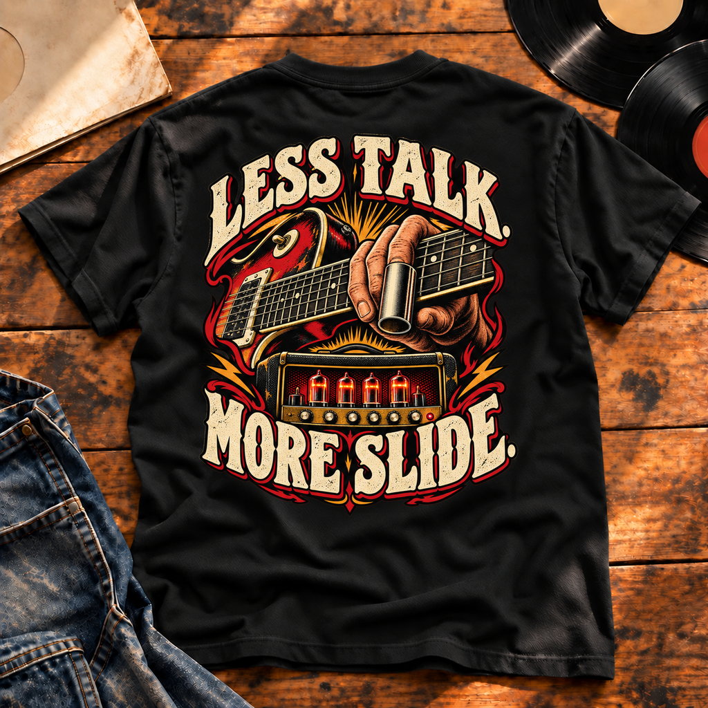 Less Talk More Slide Heavyweight Tee — Black back print flat-lay hero