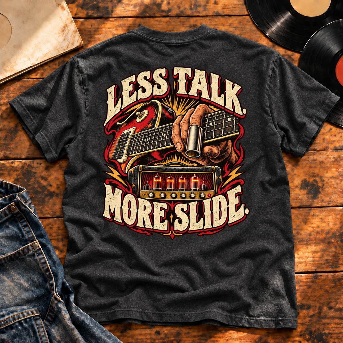 Less Talk More Slide Heavyweight Tee — Charcoal Heather back print flat-lay hero