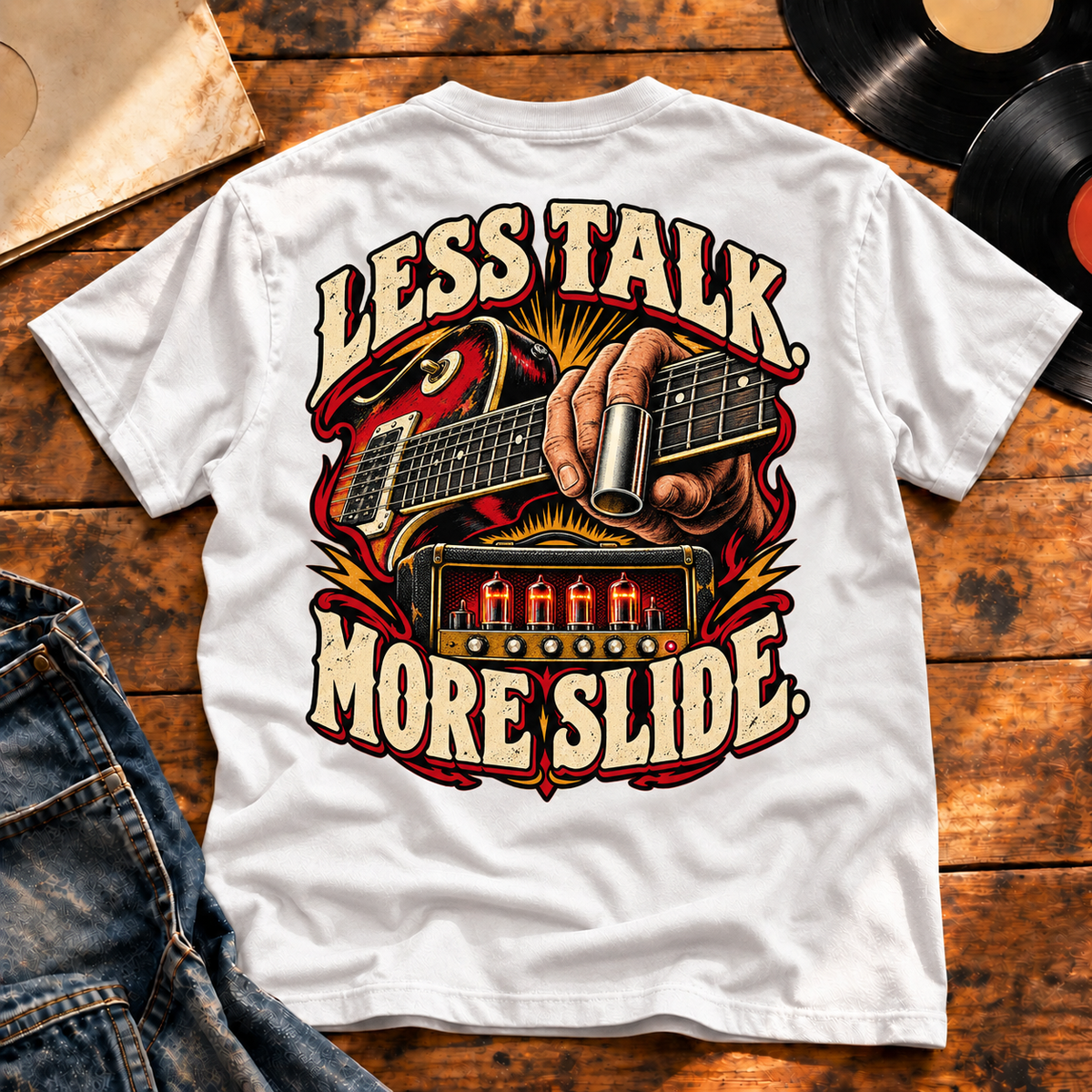 Less Talk More Slide Heavyweight Tee — White back print flat-lay hero