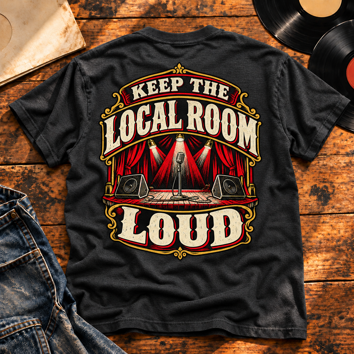 Keep the Local Room Loud — Charcoal Heather vinyl flat-lay back view
