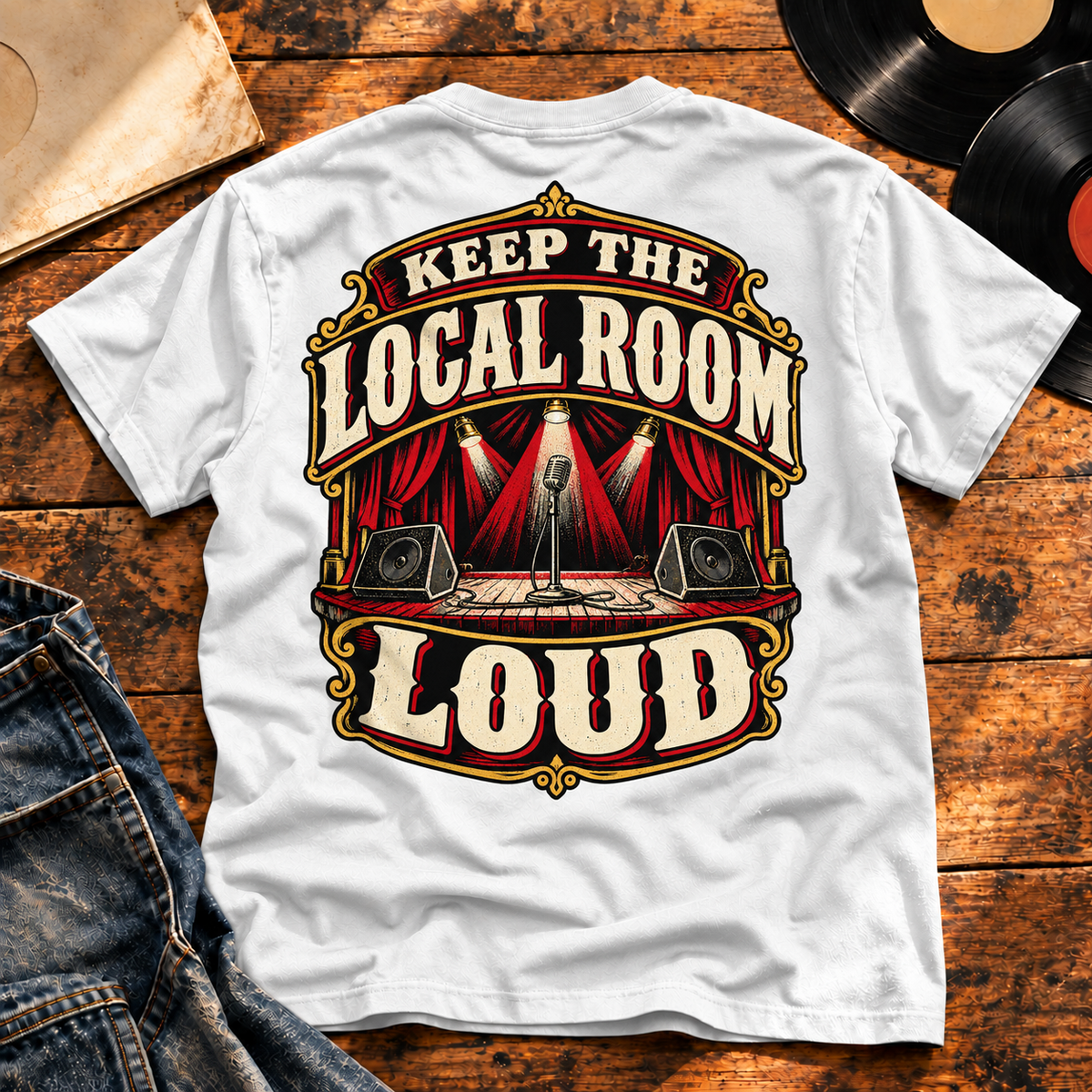 Keep the Local Room Loud — White vinyl flat-lay back view