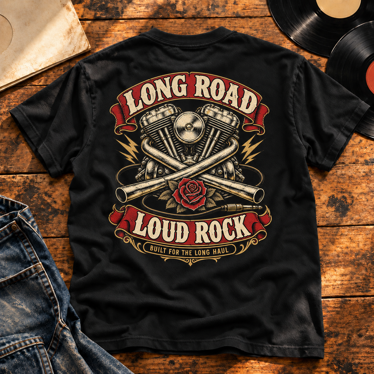 Long Road Loud Rock Heavyweight Tee — black back-print tee in vintage vinyl setting