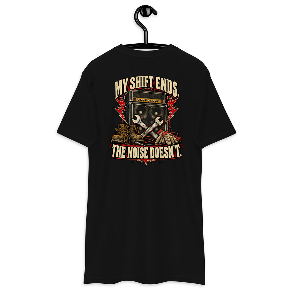 My Shift Ends Heavyweight Tee — Black, back view on hanger (Printful)