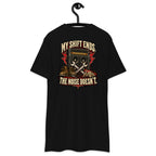 My Shift Ends Heavyweight Tee — Black, back view on hanger (Printful)