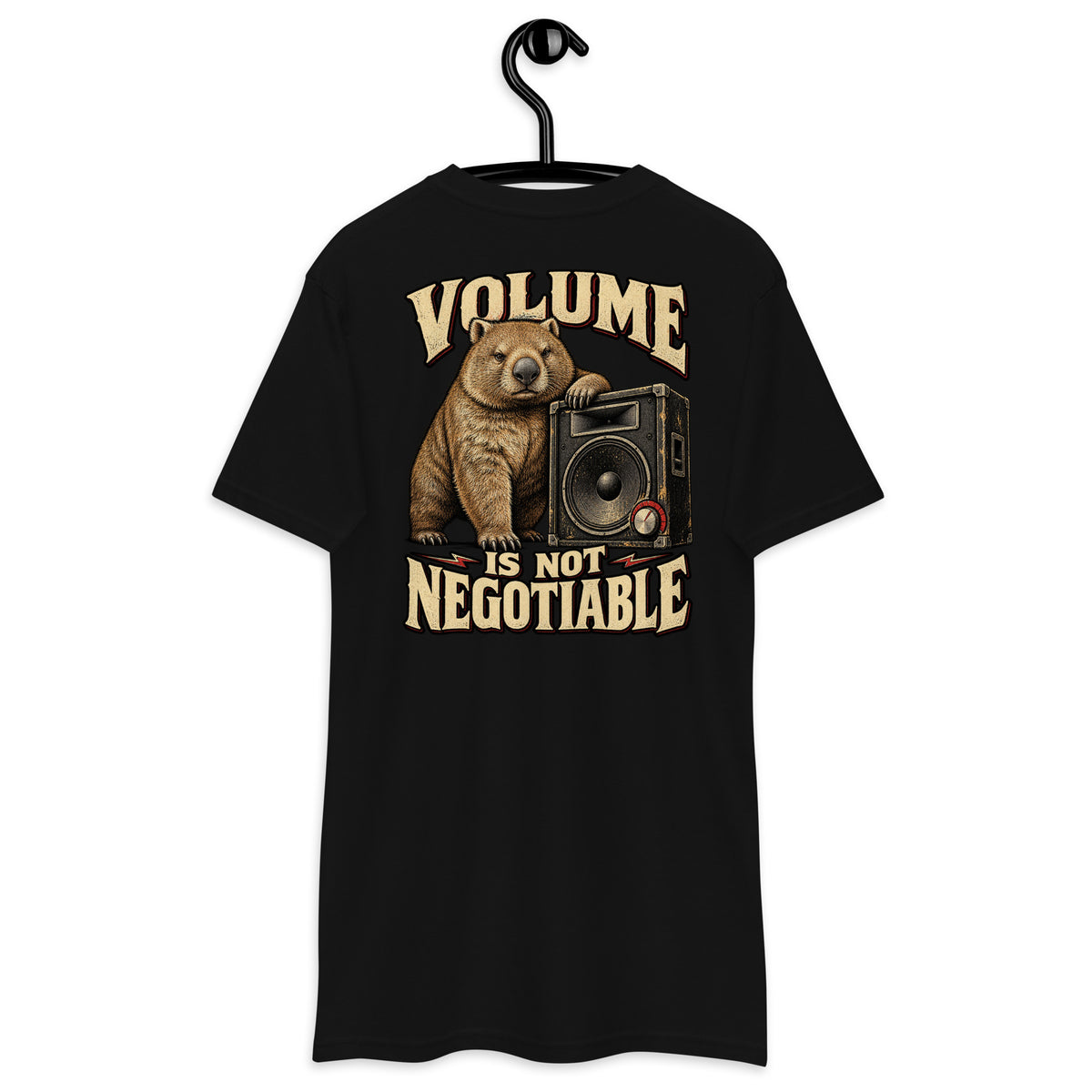 Volume Is Not Negotiable Heavyweight Tee — Black, back view on hanger (Printful)