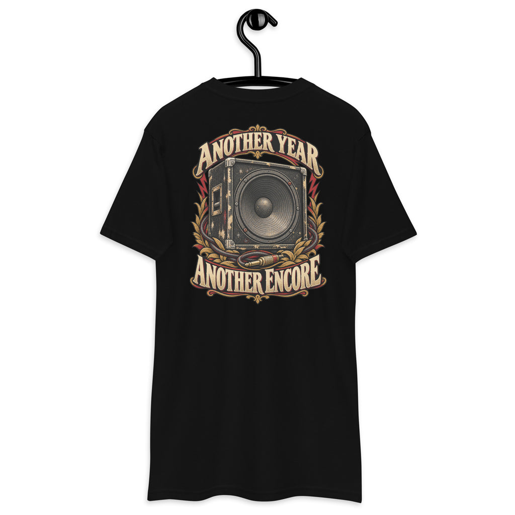 Another Year Another Encore Speaker Edition Heavyweight Tee — Black, back view on hanger (Printful)
