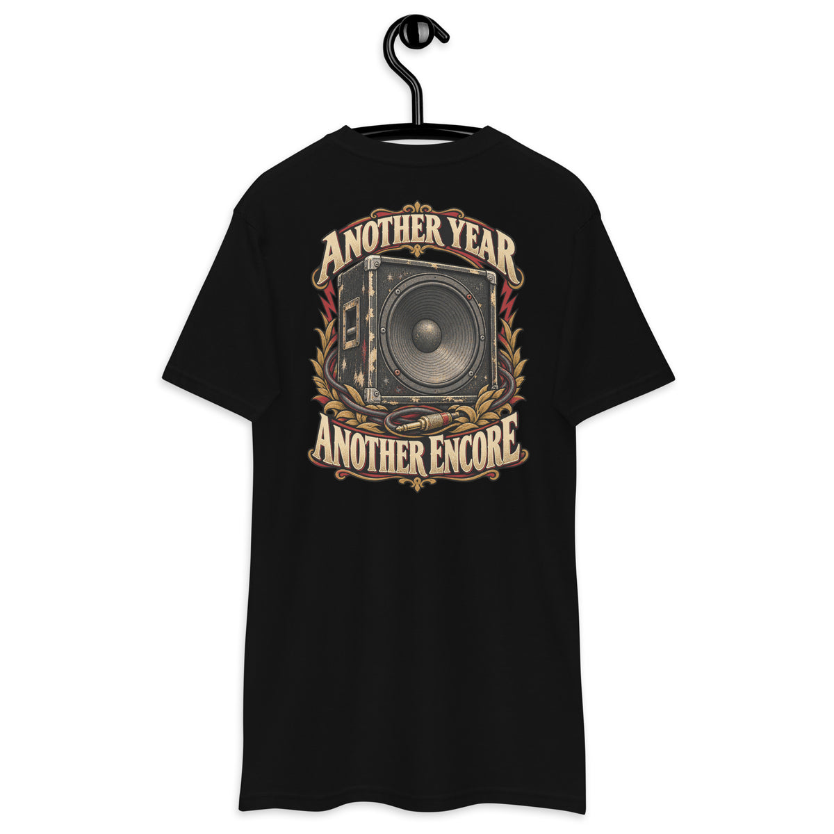 Another Year Another Encore Speaker Edition Heavyweight Tee — Black, back view on hanger (Printful)