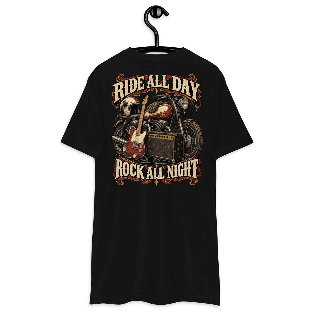 Ride All Day Rock All Night Heavyweight Tee — Black, back view on hanger (Printful)