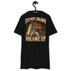 Stumps Drawn Volume Up Heavyweight Tee — Black, back view on hanger (Printful)