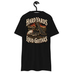 Hard Yards Loud Guitars Heavyweight Tee — Black, back view on hanger (Printful)