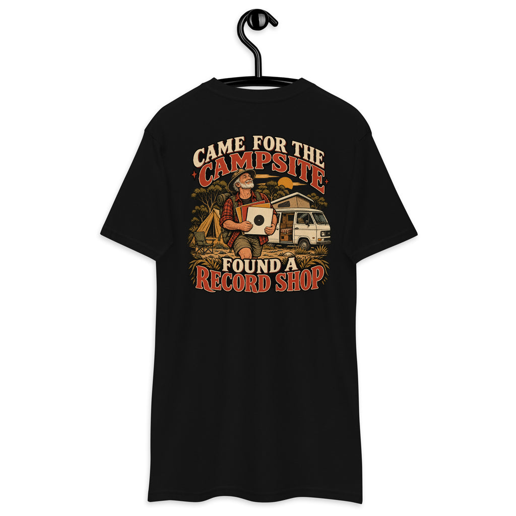 Came for the Campsite Found a Record Shop Heavyweight Tee — Black, back view on hanger (Printful)