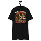 Came for the Campsite Found a Record Shop Heavyweight Tee — Black, back view on hanger (Printful)