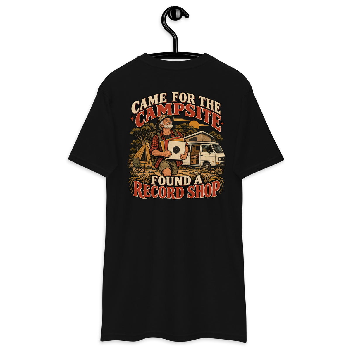 Came for the Campsite Found a Record Shop Heavyweight Tee — Black, back view on hanger (Printful)