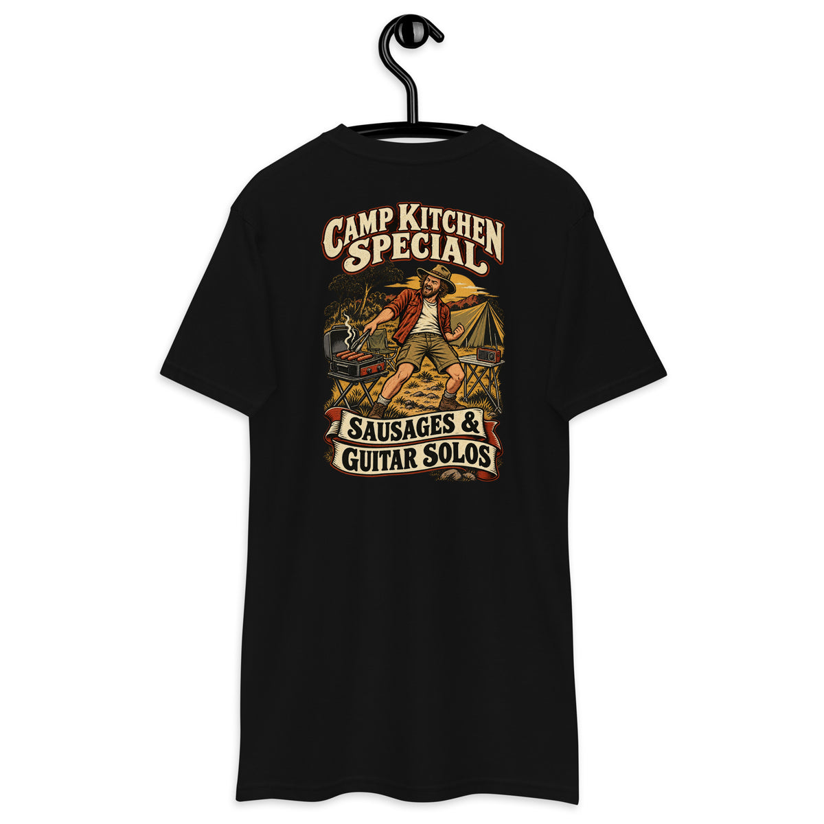 Camp Kitchen Special Sausages & Guitar Solos Heavyweight Tee — Black, back view on hanger (Printful)