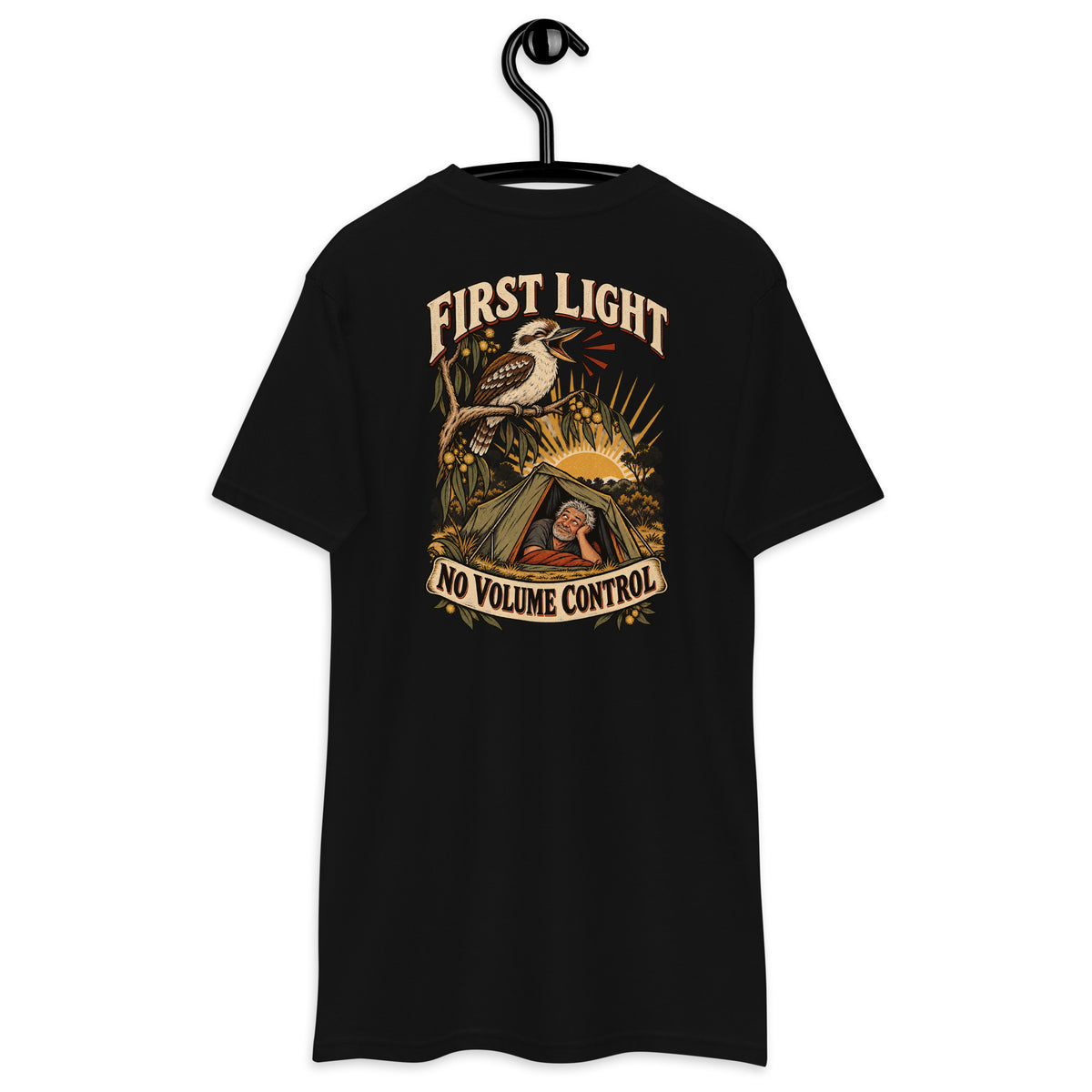 First Light No Volume Control Heavyweight Tee — Black, back view on hanger (Printful)