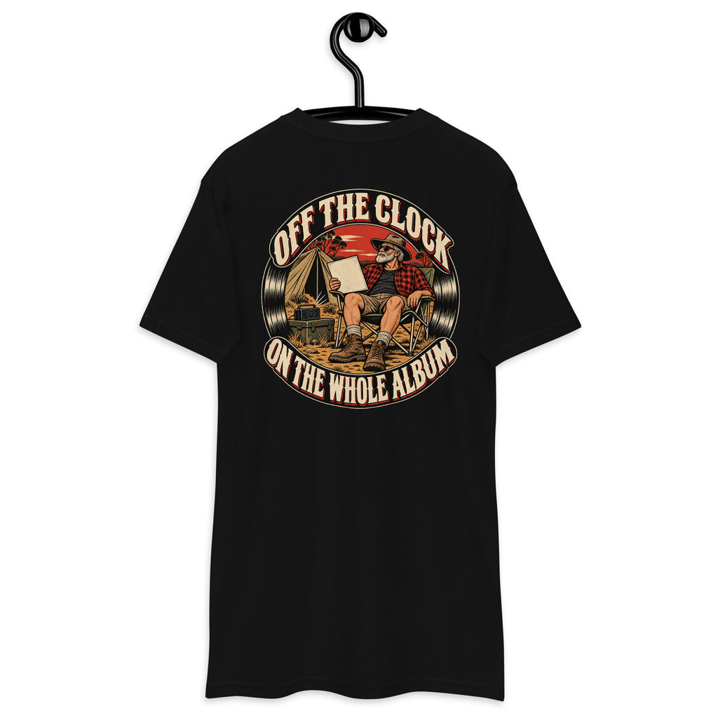 Off the Clock On the Whole Album Heavyweight Tee — Black, back view on hanger (Printful)