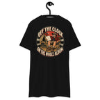 Off the Clock On the Whole Album Heavyweight Tee — Black, back view on hanger (Printful)