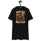 Packed Light Brought the Slide Heavyweight Tee — Black, back view on hanger (Printful)