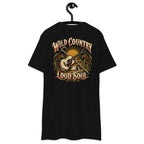 Wild Country Loud Soul Heavyweight Tee — Black, back view on hanger (Printful)