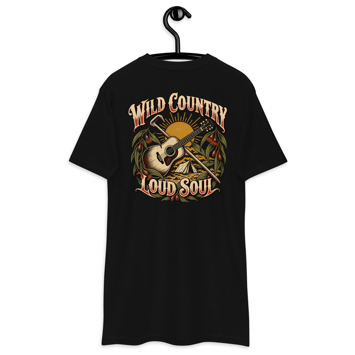 Wild Country Loud Soul Heavyweight Tee — Black, back view on hanger (Printful)