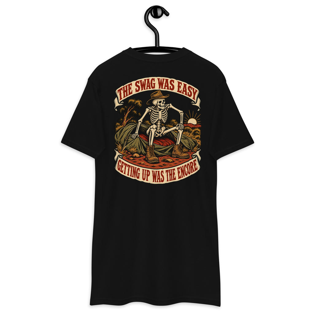 The Swag Was Easy Getting Up Was the Encore Heavyweight Tee — Black, back view on hanger (Printful)