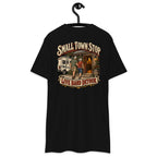 Small Town Stop Live Band Detour Heavyweight Tee — Black, back view on hanger (Printful)