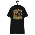 Different Venue Same Old Rocker Heavyweight Tee — Black, back view on hanger (Printful)