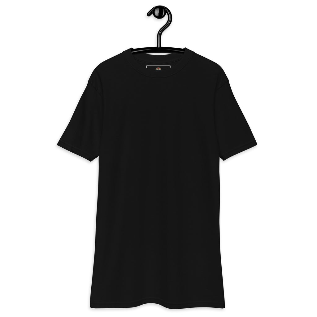 Camp Kitchen Special Sausages & Guitar Solos Heavyweight Tee — Black, front view on hanger (Printful)
