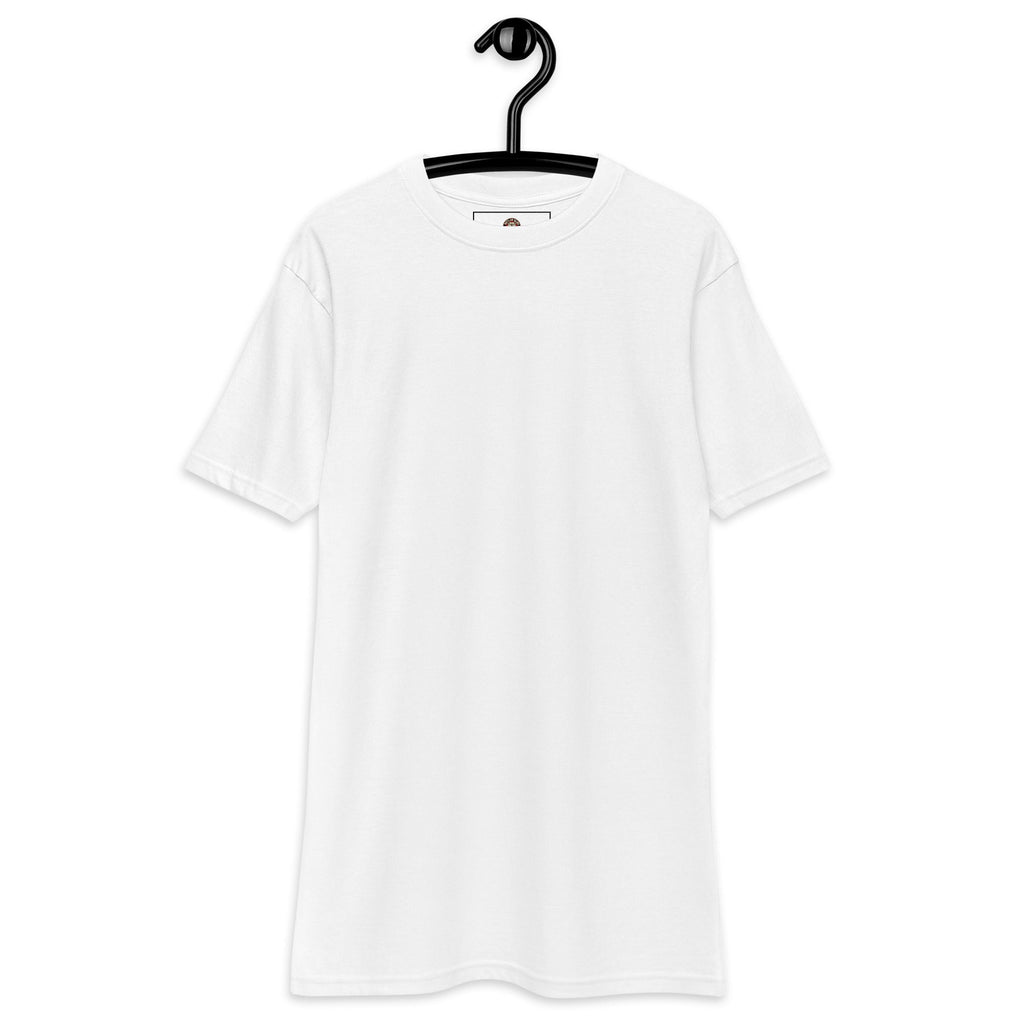White heavyweight tee — plain front and Outlaw inside neck label