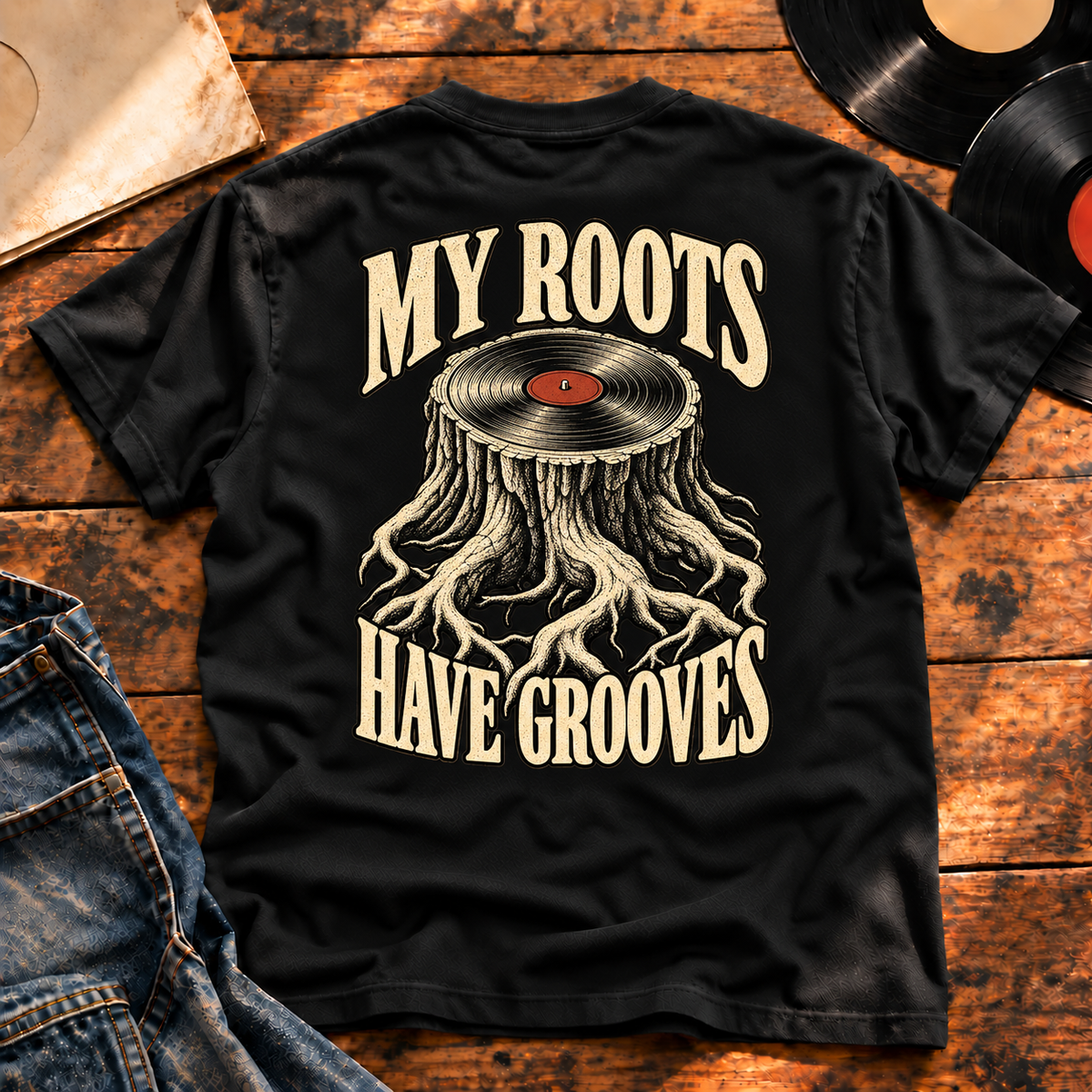 My Roots Have Grooves Heavyweight Tee black back print hero