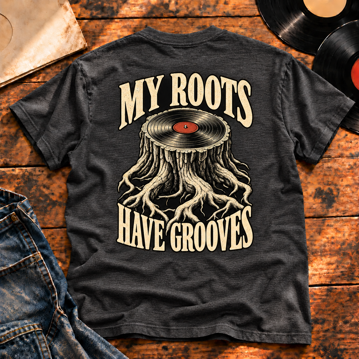 My Roots Have Grooves Heavyweight Tee charcoal back print hero
