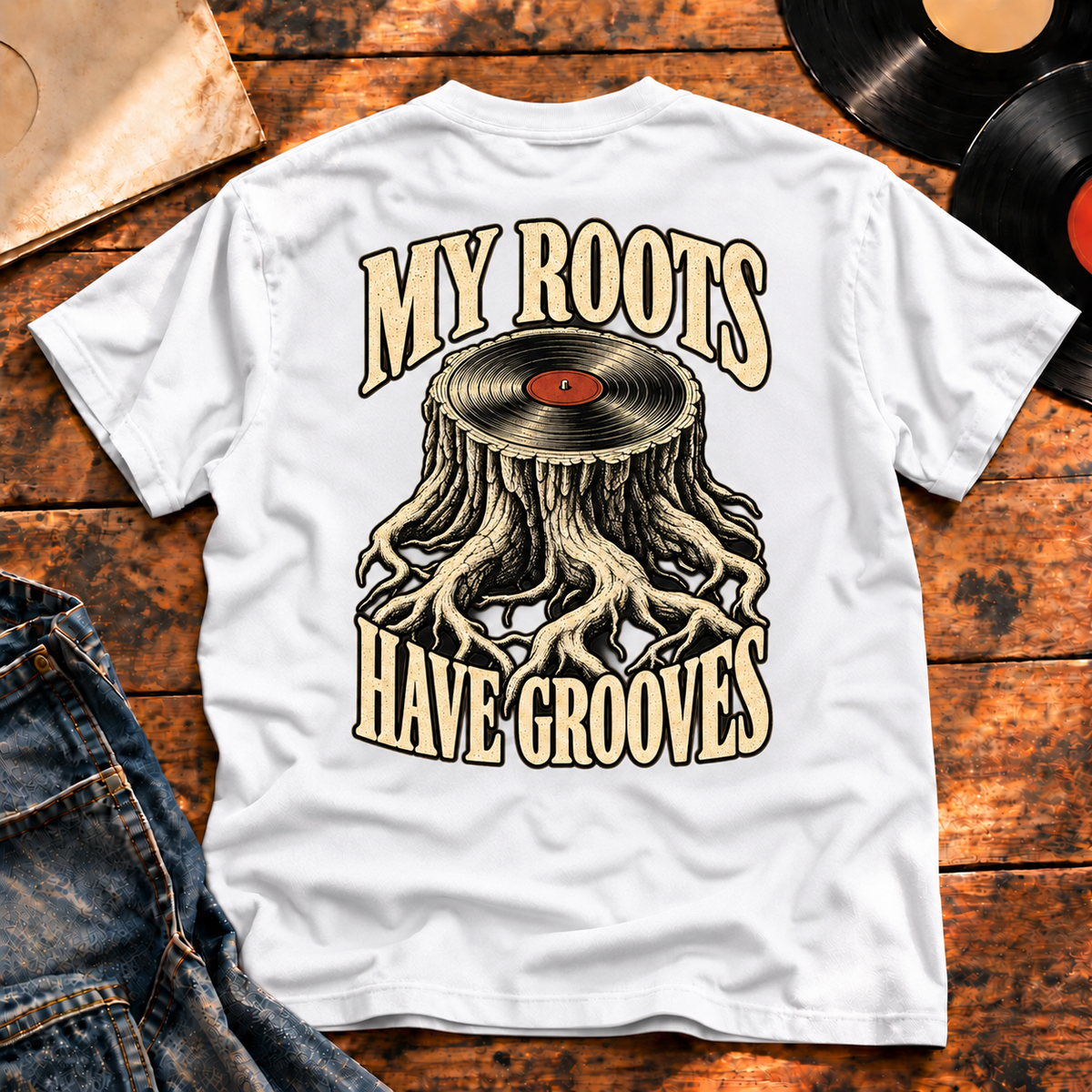 My Roots Have Grooves Heavyweight Tee white back print hero