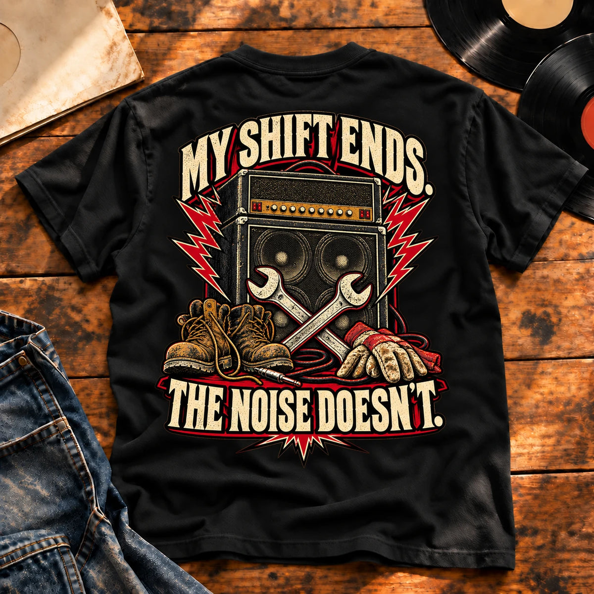 My Shift Ends Black heavyweight tee — back print flat-lay hero