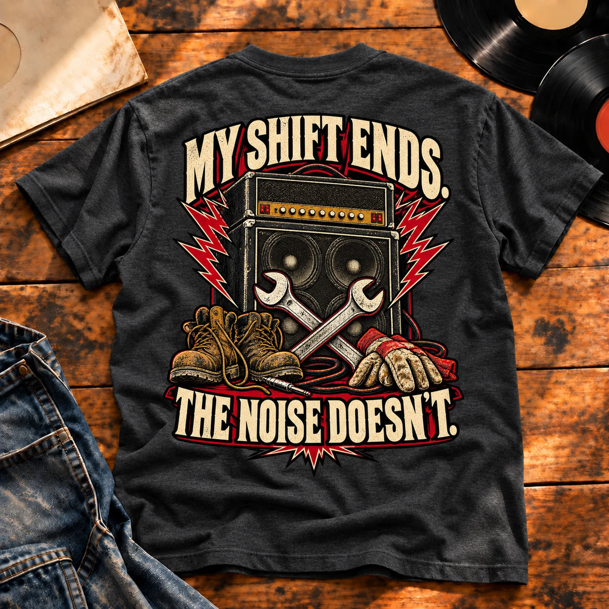 My Shift Ends Charcoal Heather heavyweight tee — back print flat-lay hero
