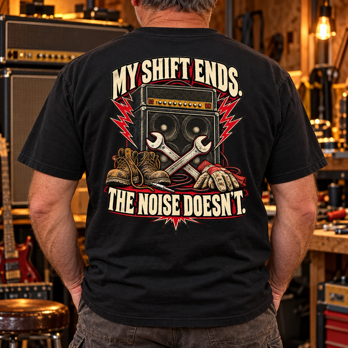 My Shift Ends Lifestyle heavyweight tee — back print male lifestyle