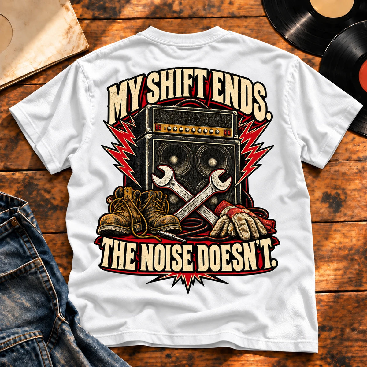 My Shift Ends White heavyweight tee — back print flat-lay hero