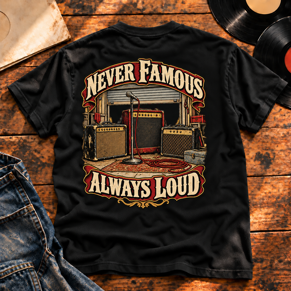 Never Famous Always Loud Heavyweight Tee black back print hero