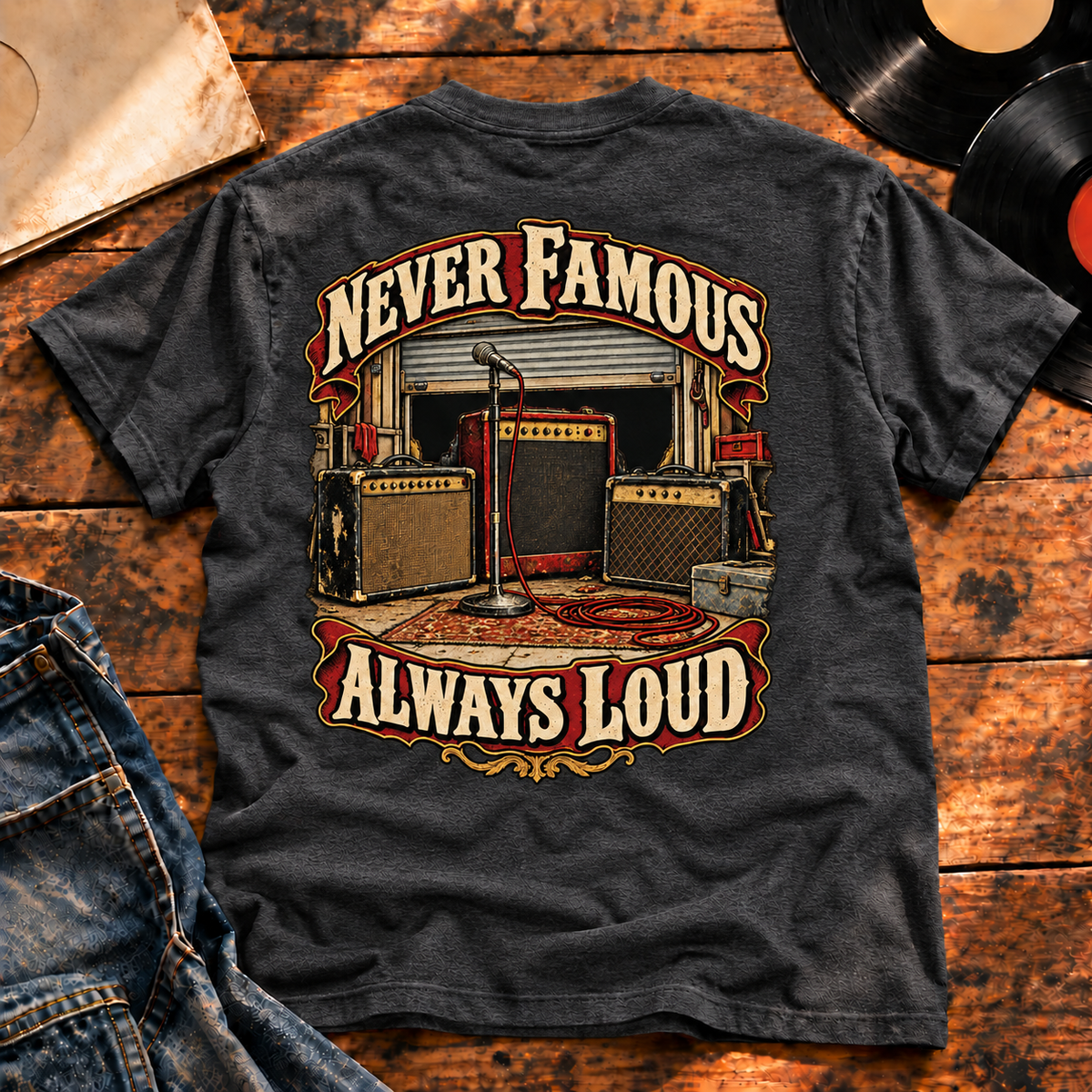 Never Famous Always Loud Heavyweight Tee charcoal back print hero