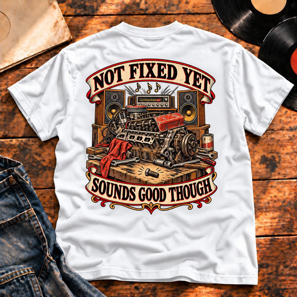 Not Fixed Yet Sounds Good Though Heavyweight Tee white back print hero